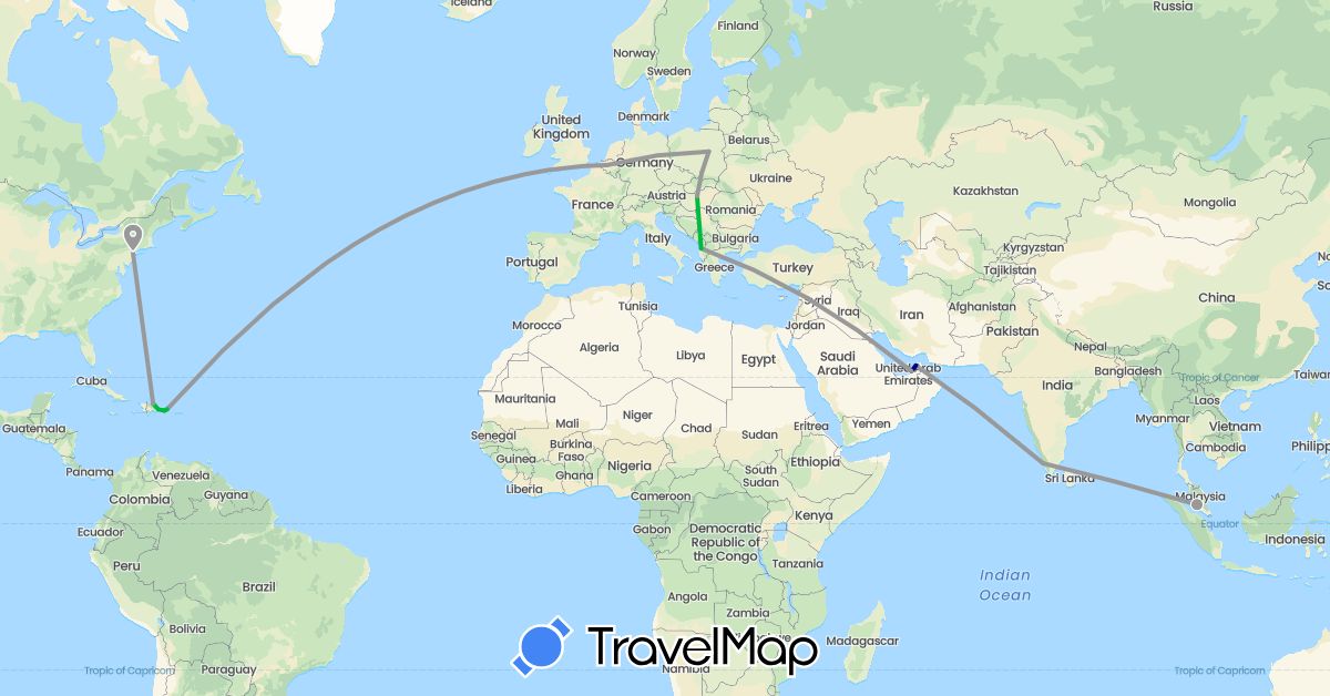 TravelMap itinerary: driving, bus, plane in United Arab Emirates, Albania, Belgium, Dominican Republic, India, Montenegro, Malaysia, Poland, United States (Asia, Europe, North America)